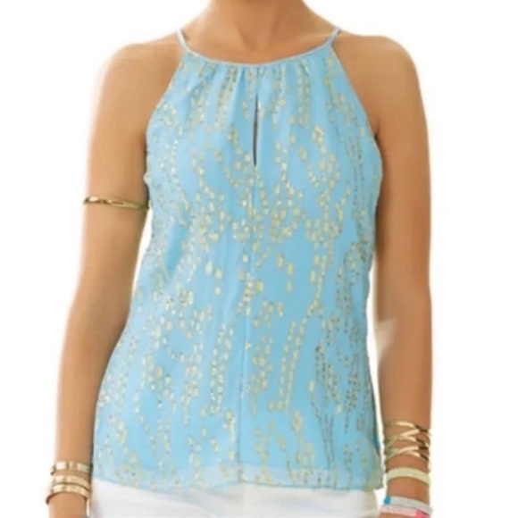 Lilly Pulitzer Del Mar Aqua Gold Silk Blend Halter Tank Top XS - Picture 1 of 8